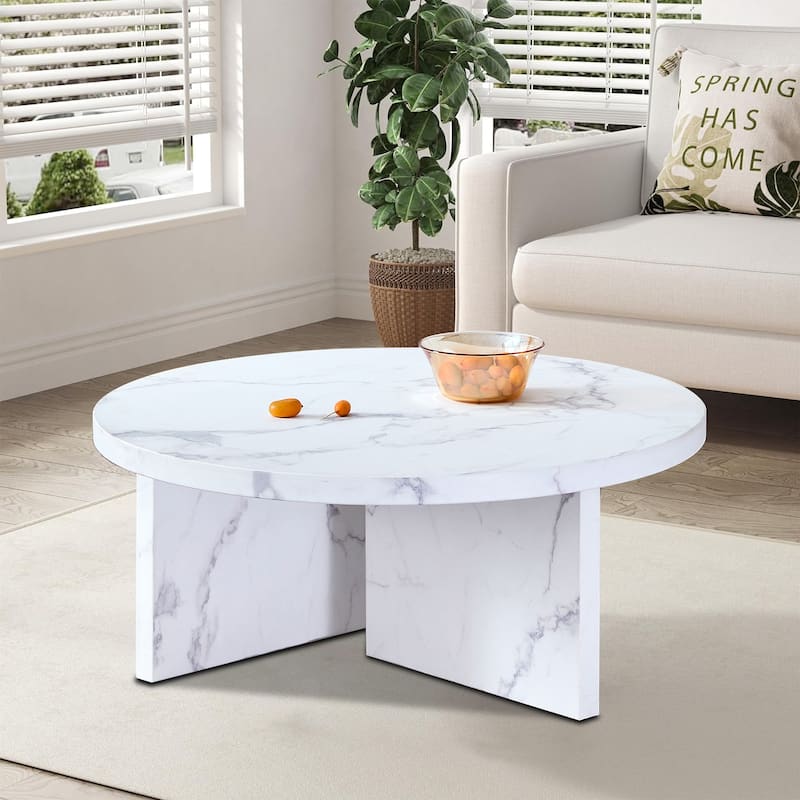 Modern Stylish Wooden Round Coffee Table with Imitation Marble Veneer Surface - White