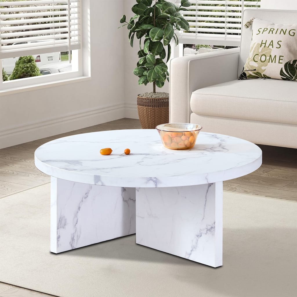 Modern Stylish Wooden Round Coffee Table with Imitation Marble Veneer Surface