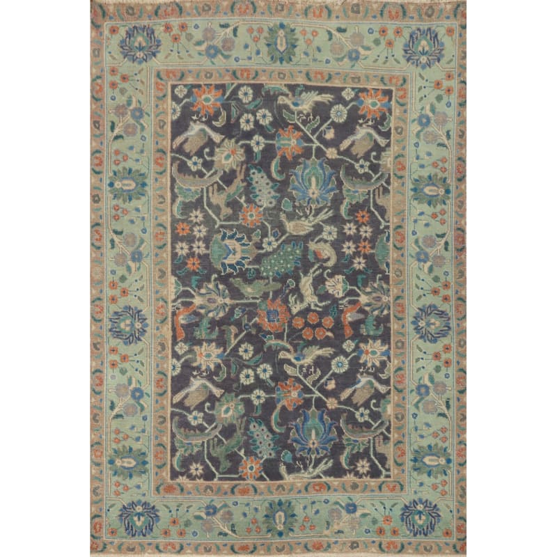 Hand Knotted Oriental 100% Wool Carpet Traditional Floral Navy Blue & Blues Tabriz Area Rug - 6' 1'' X 4' 6''