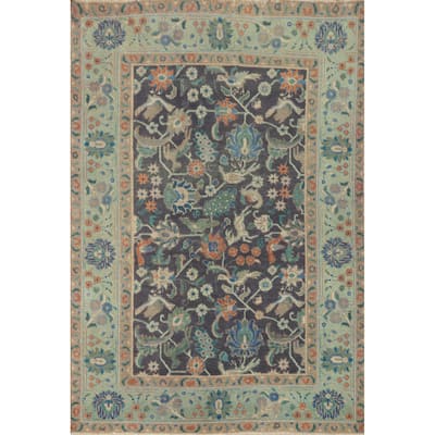 Hand Knotted Oriental 100% Wool Carpet Traditional Floral Navy Blue & Blues Tabriz Area Rug - 6' 1'' X 4' 6''