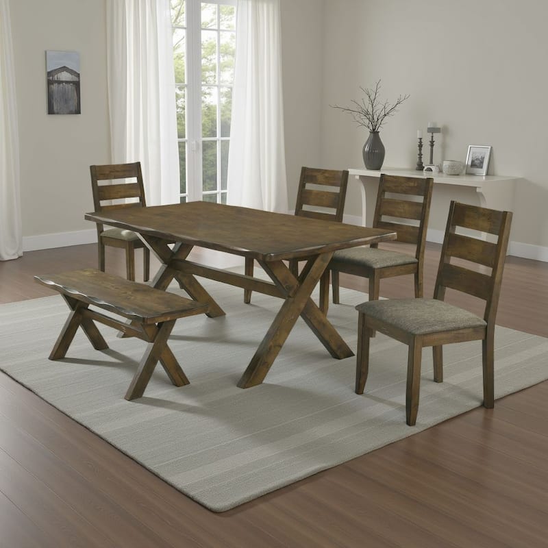 Siny 6pc Dining Table Set, Nutmeg Brown Finish, 4 Padded Chairs and Bench