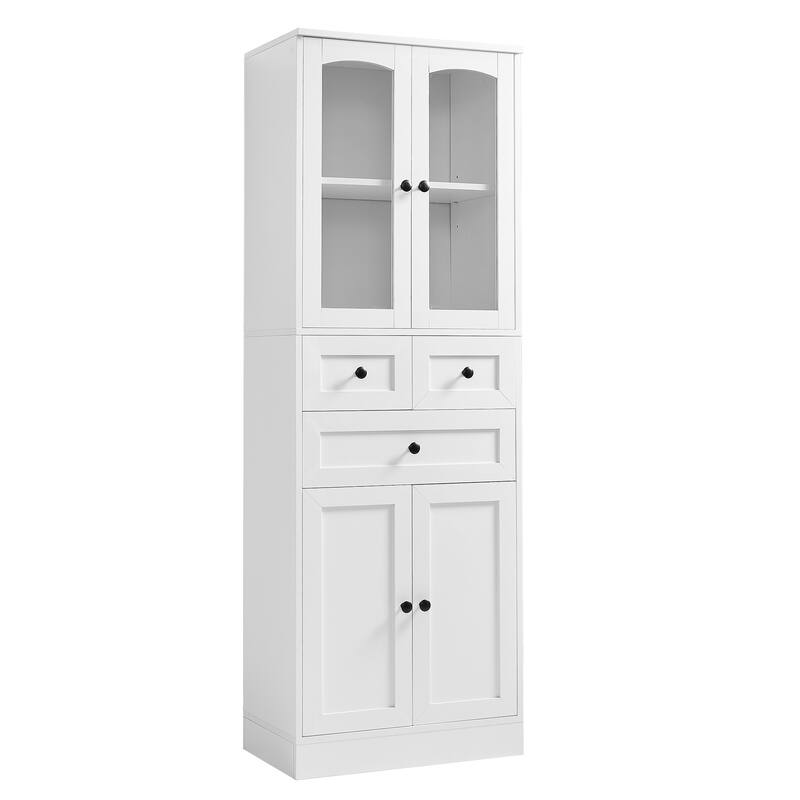 Adjustable Storage Cabinet with Above Glass Door Cabinet and Below Wooden Door Cabinet, Tall Bathroom Cabinet with 3 Drawers