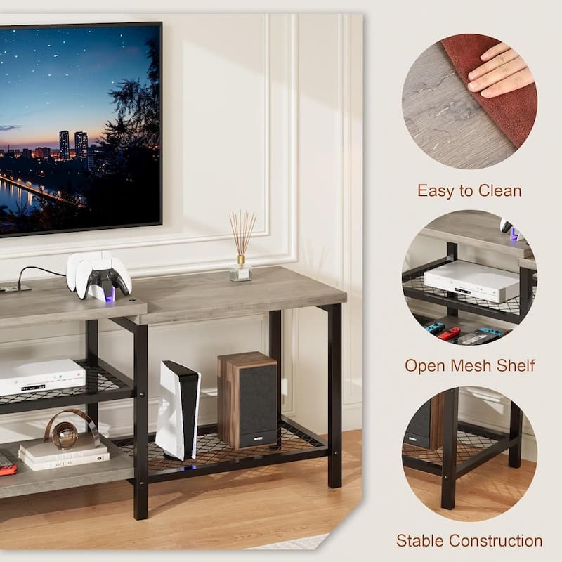 TV Stand with LED Lights, with Power Outlets, for 55/65/75