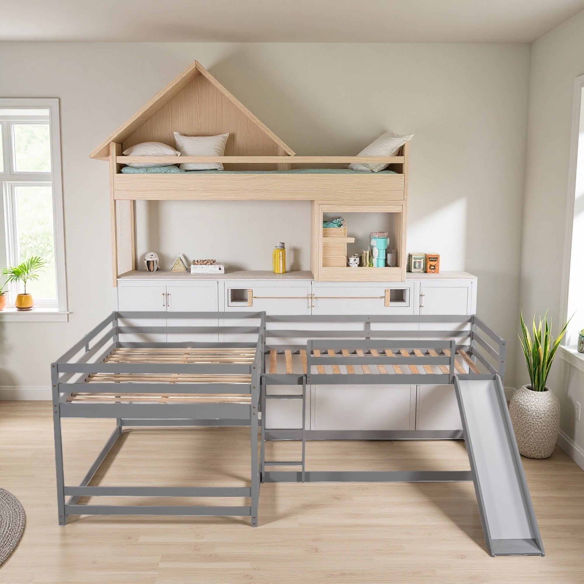 Full and Twin Pine L-Shaped Bunk Bed with Slide and Short Ladder