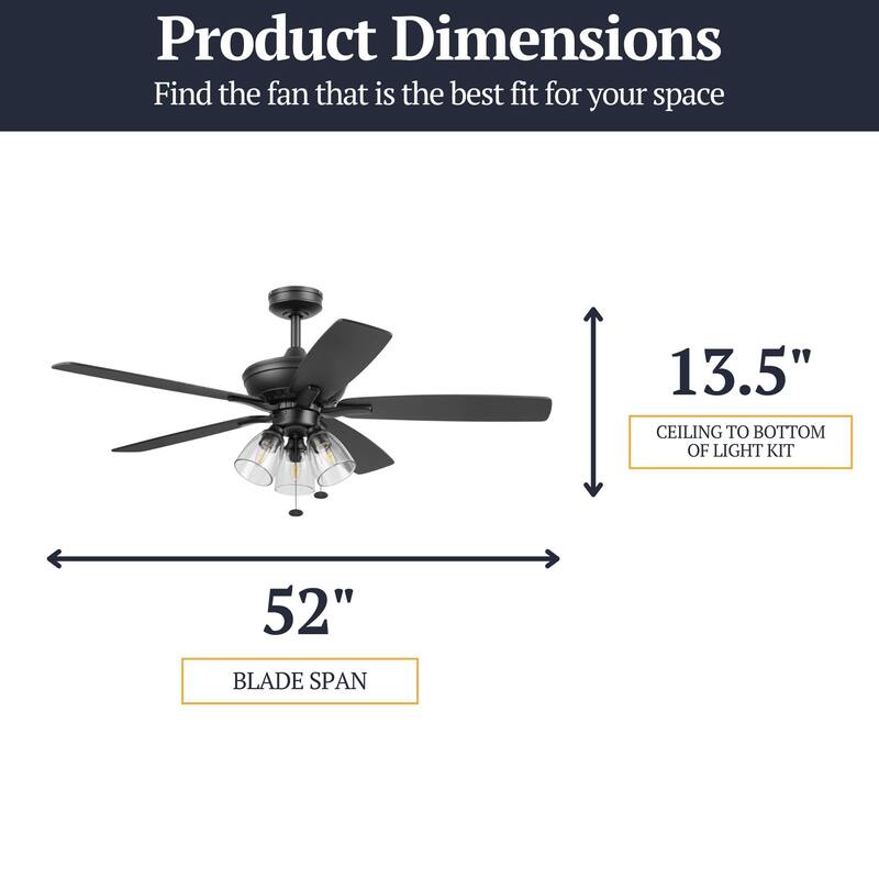 Prominence Home 52" Glenmont Indoor Matte Black Ceiling Fan with Light & Pull Chain - 52 Inches