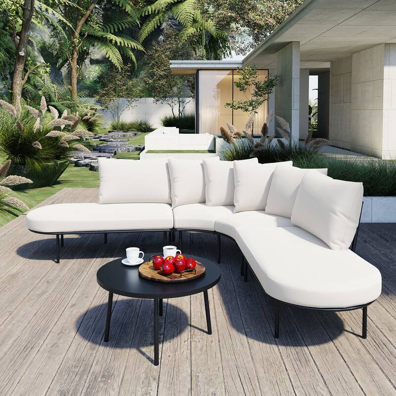Outdoor Furniture Sofa Set with Coffee Table, Iron Frame Outdoor Indoor Conversation Set for 6 People - Beige
