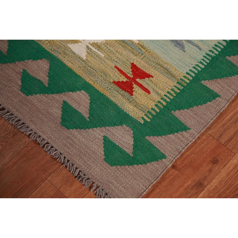 Hand Woven Oriental 100% Wool Carpet Southwestern Geometric Multi-Colored Kilim Runner Rug - 12' 9'' X 2' 7''