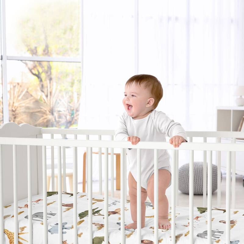 Jungle Animals Fitted Crib Sheet Hunter Green Yellow Grey Black and White Safari Elephant Giraffe Lion Monkey Leopard Cheetah