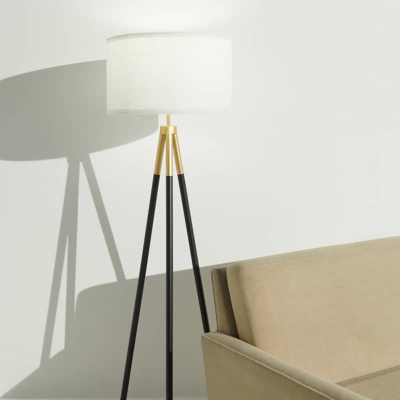 Brightech Levi 61 in. Antique Brass Mid-Century Modern LED Super Bright Floor Lamp with White Fabric Drum Shade