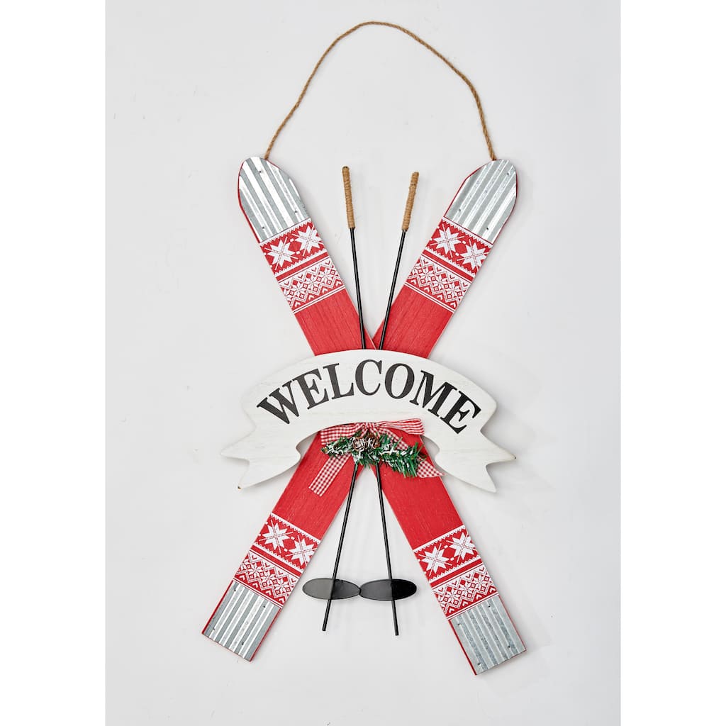 31" Wood & Tin Hanging Skis Welcome Sign