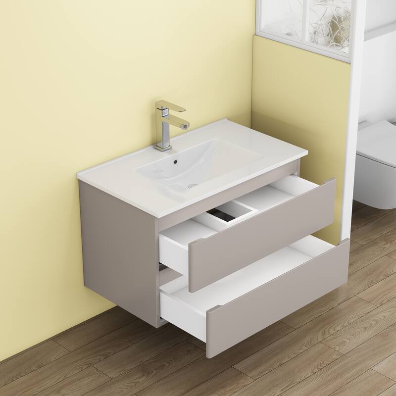 32 Inch Floating Bathroom Vanity with One-piece Ceramic Sink, Wall Mounted Cabinet with 2 Drawers