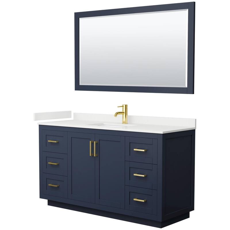 Wyndham Collection WCF292960S-QTZ-UNSM58 Miranda 60" Free Standing - Dark Blue / White Quartz Top / Brushed Gold