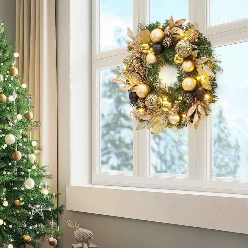 22 in Artificial Christmas Wreath, Pre-Lit Lighted with Ball Ornaments