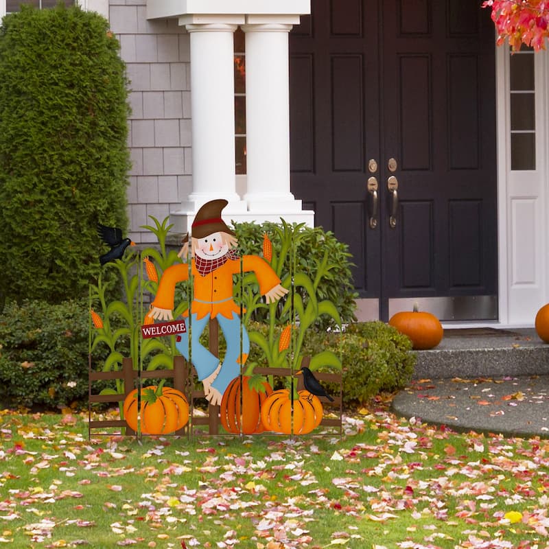 Glitzhome Welcome Fall Metal Scarecrow Corns Pumpkin Fence Yard Stake Halloween Thanksgiving Decor