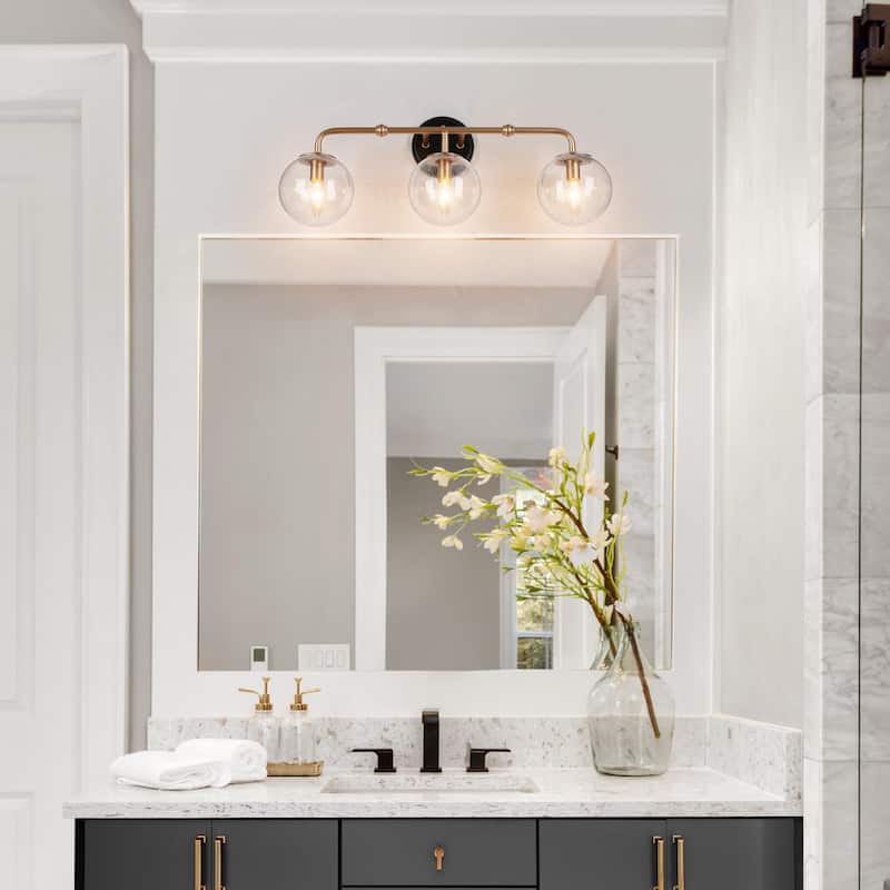 Malryn Black Gold 3-Light Bathroom Vanity Lights Glass Wall Sconces - 24.5'' L x 7" W x 10'' H