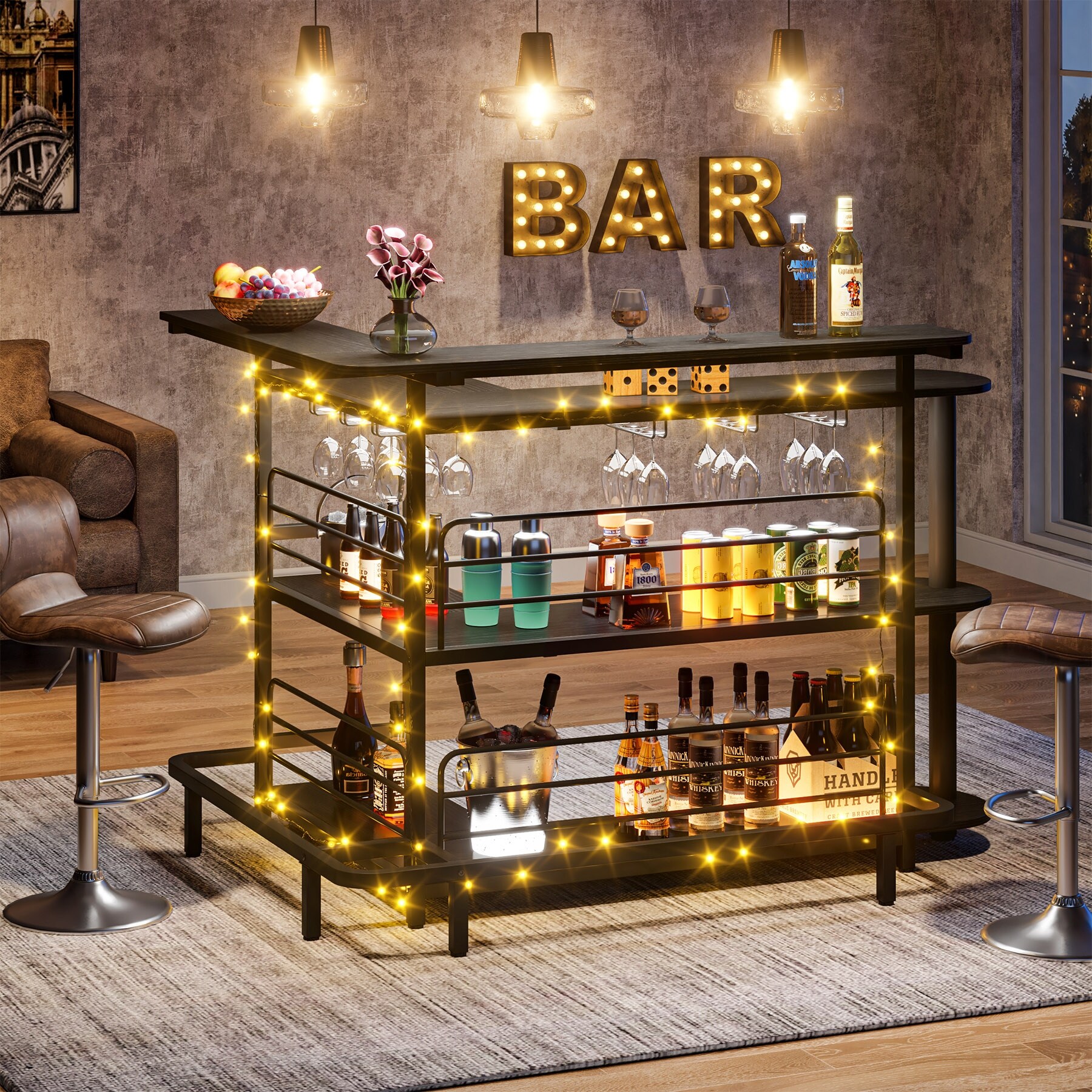 Home Bar Unit, 4 Tier L Shaped Liquor Bar Table with Storage