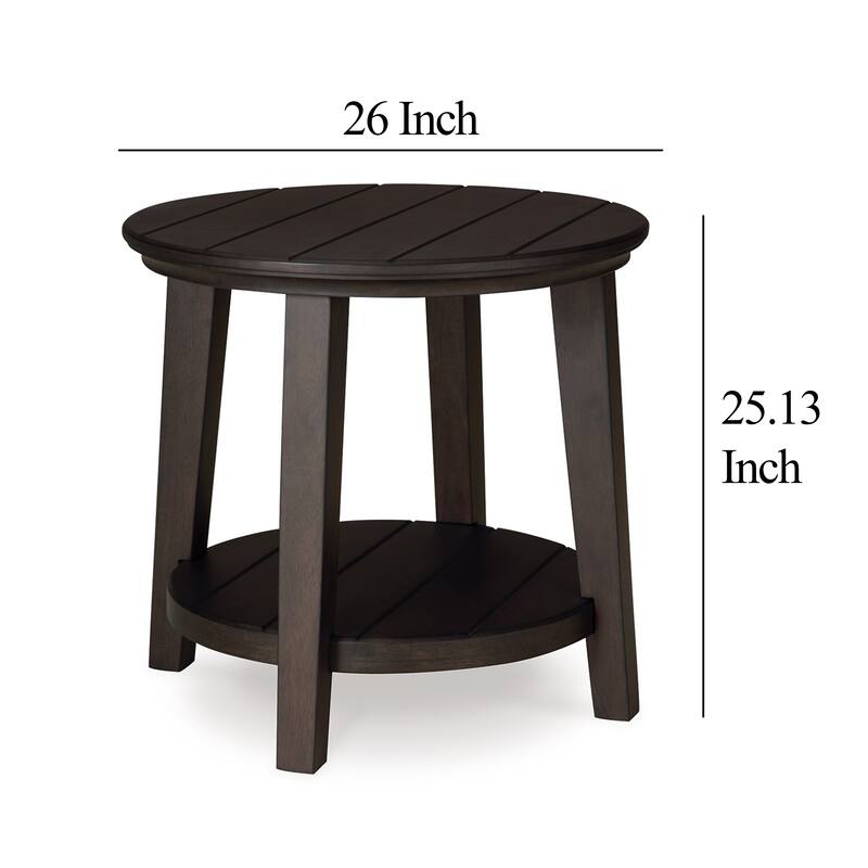 Liu Side End Table w Bottom Shelf, 26 Inch Round Cherry Brown Plank