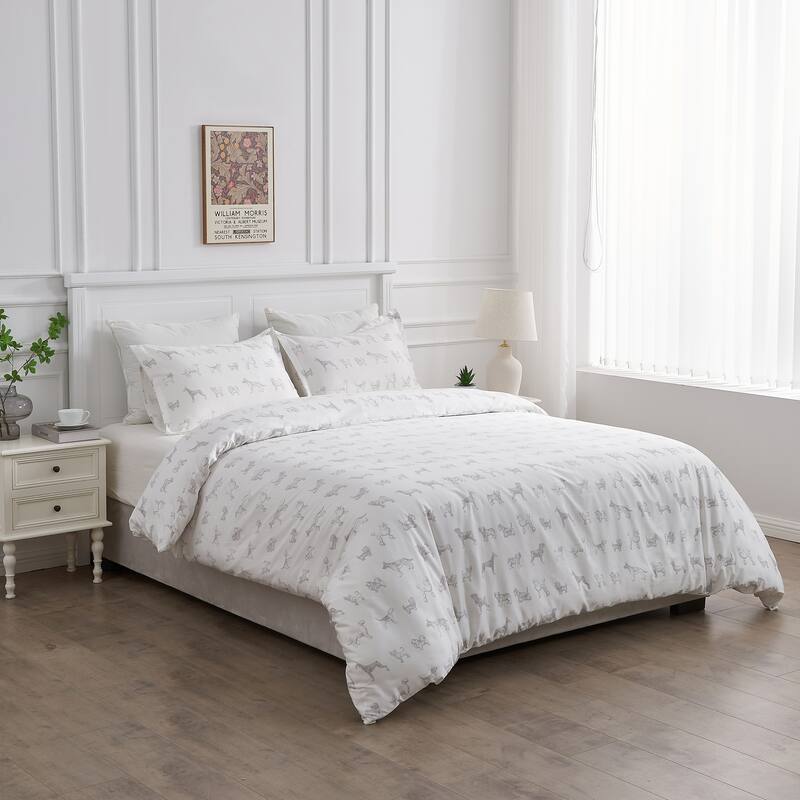 Printed Design Cotton Collection 400 Thread Count Grey Dog Duvet Set