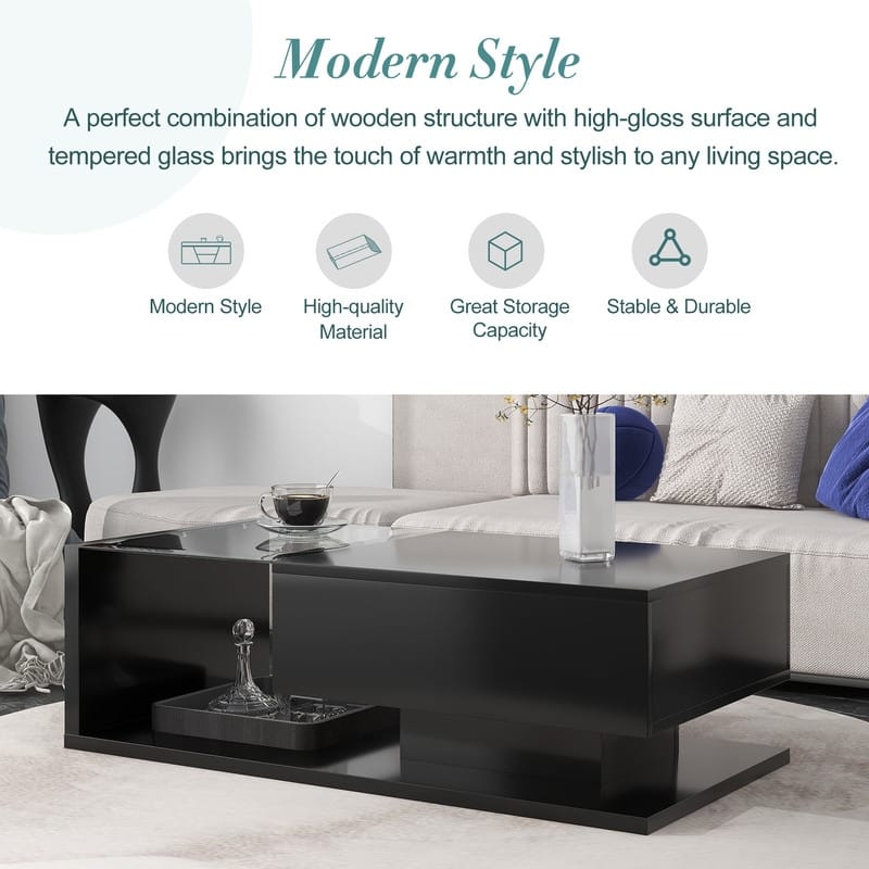 Modernist Glass & High-Gloss Wood Coffee Table with Drawer, 2-Tier Rectangular Center Table for Living Room