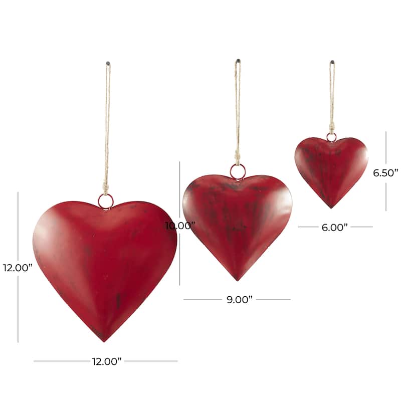 Metal Heart Tibetan Inspired Decorative Bells with Jute Hanging Rope - Set of 3 Red, Silver or Gold - Roche River Decor