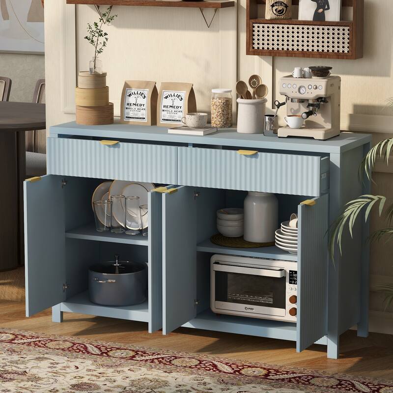 Roomfitters Sideboard Buffet Cabinet with 2 Drawers, 4 Door Mid-century Modern Fluted Storage for Kitchen & Dining Room, Cyan