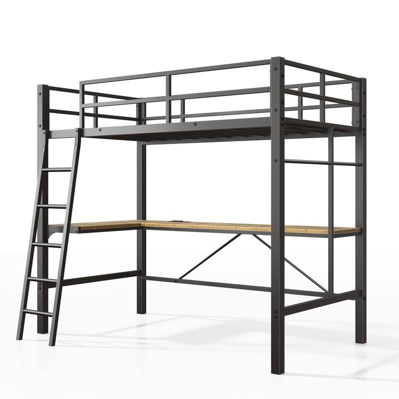 Twin Size Metal Loft Bed with L-Shaped Desk and Charging Station, Safety Guardrail and Staircase, No Box Spring Needed