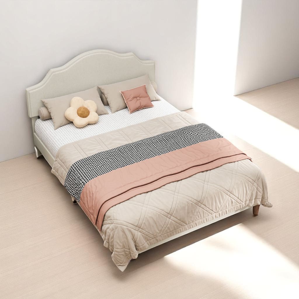 Modern Queen/King Size Platform Bed Frame with Adjustable Linen Headboard, Wood Slats, 1000lbs Support, Beige