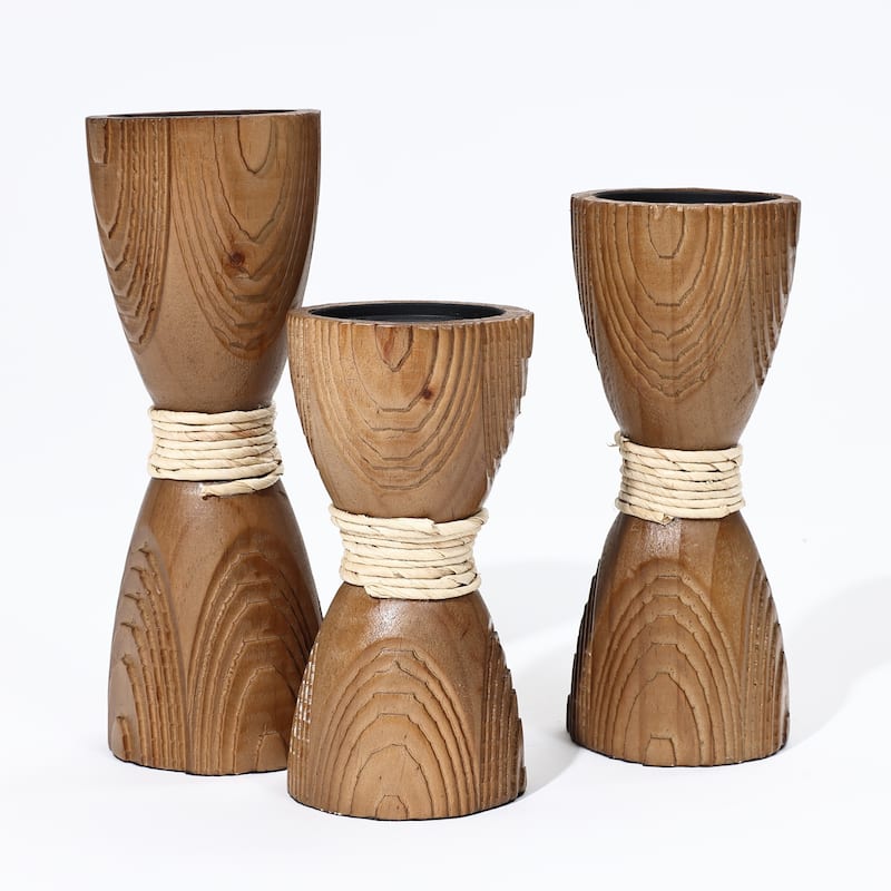3-Piece Pine Wood with Rattan Pillar Candle Holder Set - 11" H x 4" W x 4" D