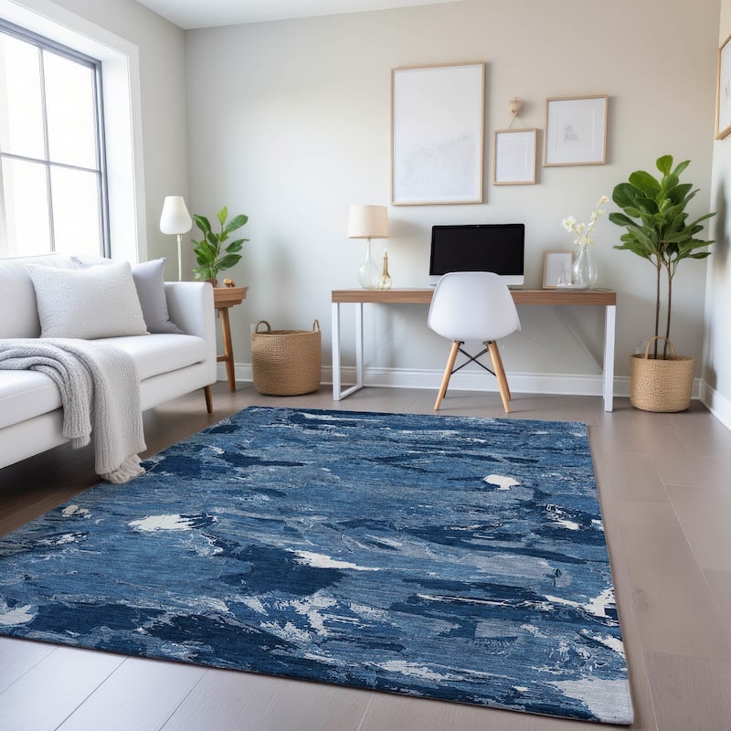 Premium Washable Super Soft Contemporary Brushstrokes Mayfield Rug - Navy - 10' x 14'