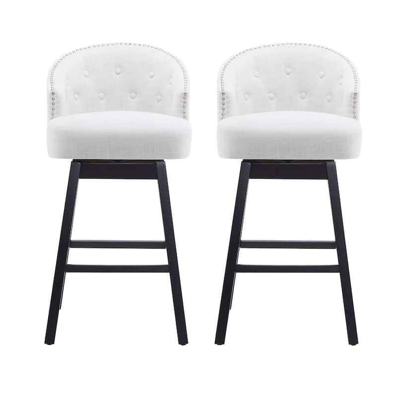 Set of 2 Swivel Counter Stools, 33.25" Upholstered with Backrest & Footrest - Black & Beige Rubberwood Frame