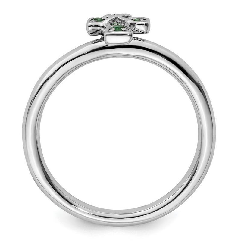 Curata 2.25mm 925 Sterling Silver Stackable Expressions Rhodium Created Emerald Religious Faith Cross Ring