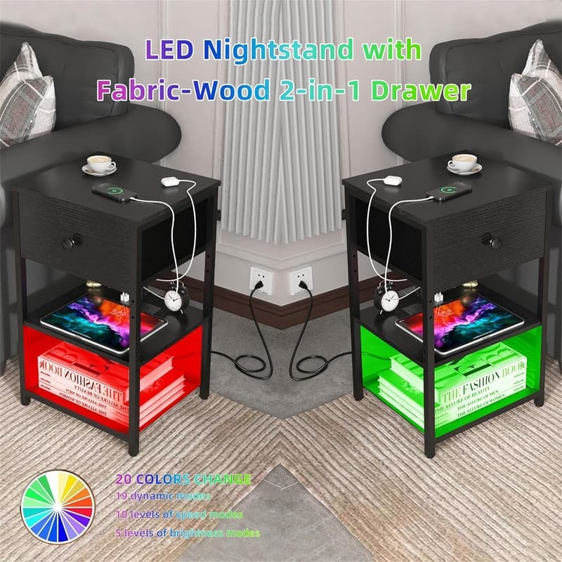 LED Nightstands Set of 2 with Charging Station