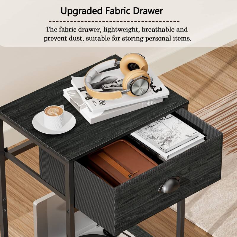 Nightstands Set of 2, Industrial End Table with Fabric Drawer&Storage Shelf, Small Bedside Table Organizer for Small Space