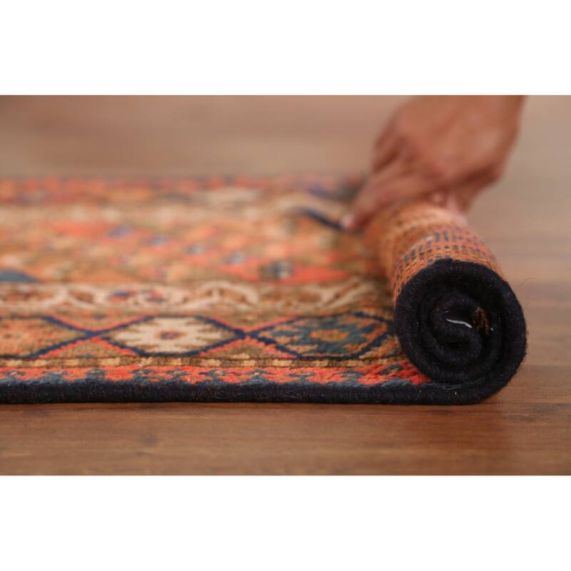 Hand Knotted Oriental 100% Wool Carpet Traditional Geometric Oranges & Rust Lori Runner Rug - 14' 9'' X 2' 10''