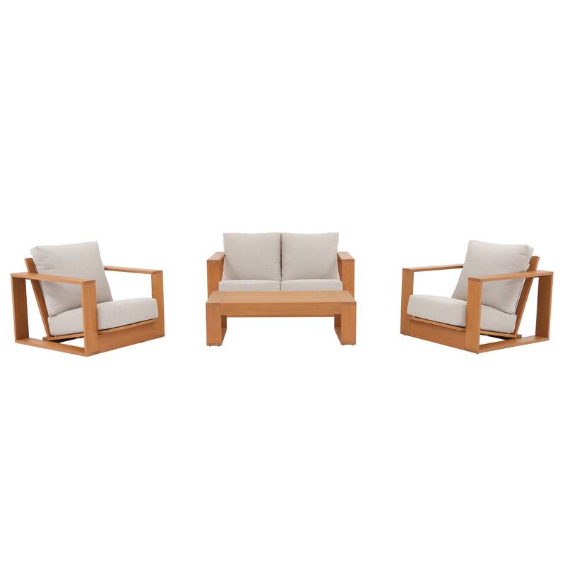 Outdoor Conversation Set 4-Piece Eucalyptus Wood Sofa Weather‑resistant Rope Weave Loveseat with Coffee Table
