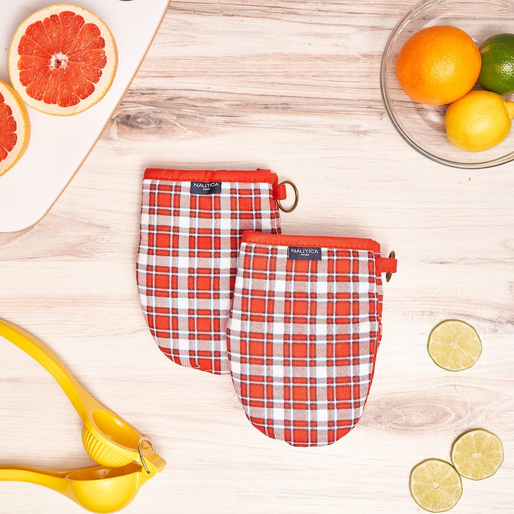Nautica Home Red Plaid 100% Cotton Mini Oven Mitt With Silicone Palm (Set of 2)