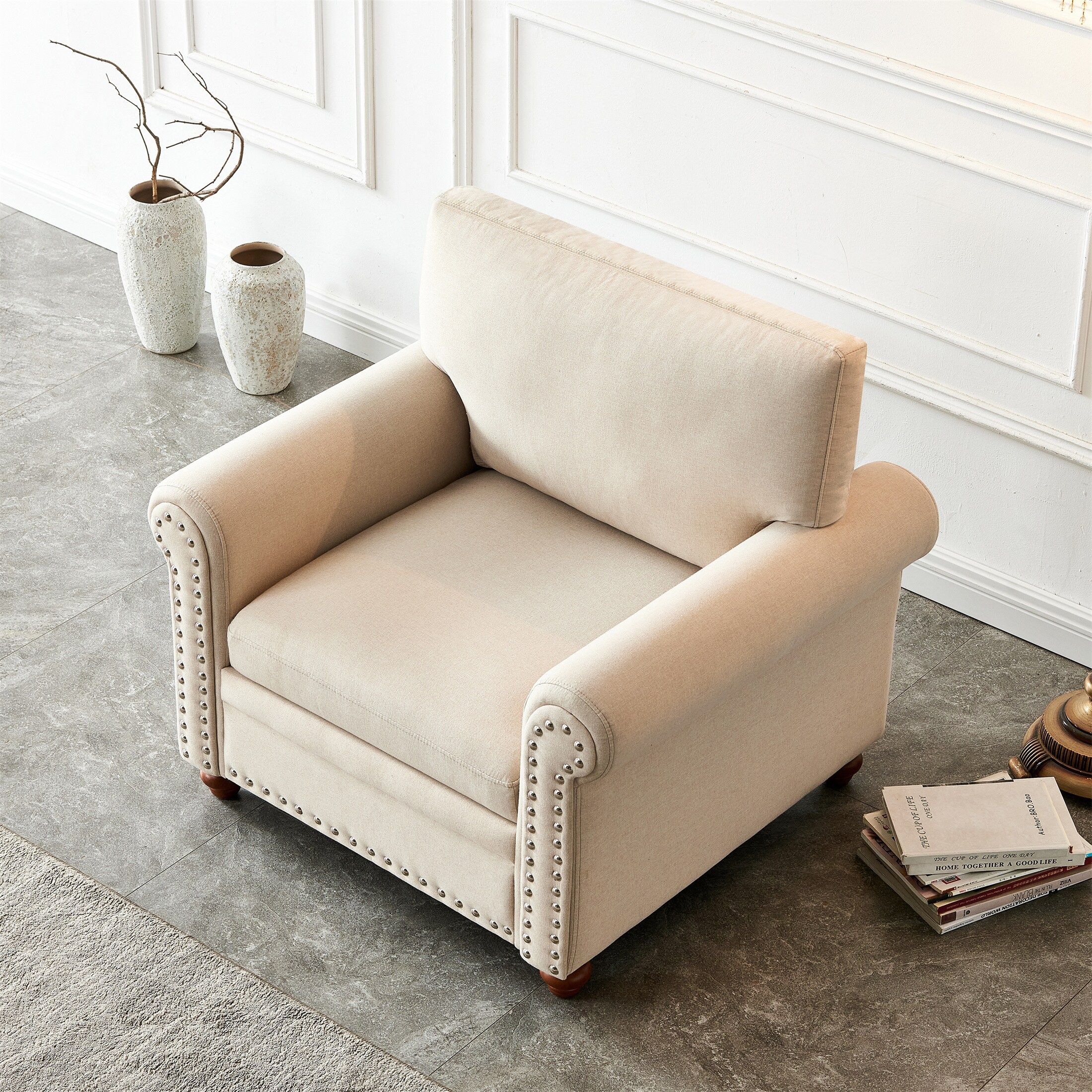 Living Room Sofa Single Seat Chair with Wood Leg Round arm in Fabric