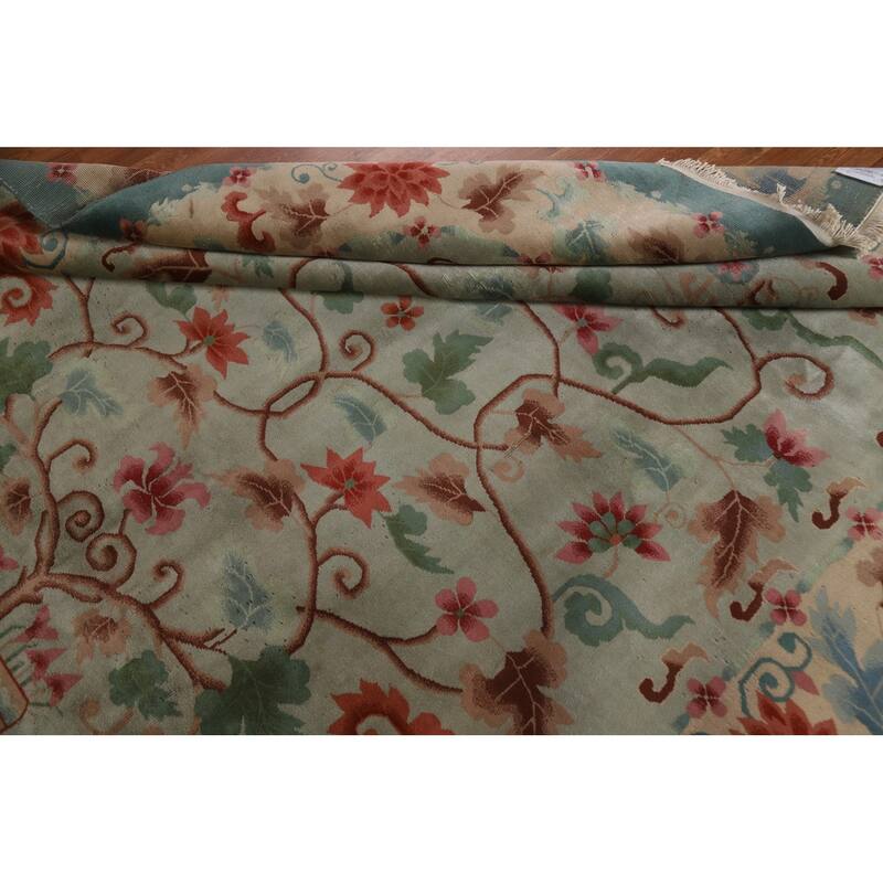 Hand Knotted Oriental 100% Wool Carpet Traditional Floral Green Art Deco Area Rug - 9' 8'' X 7' 11''