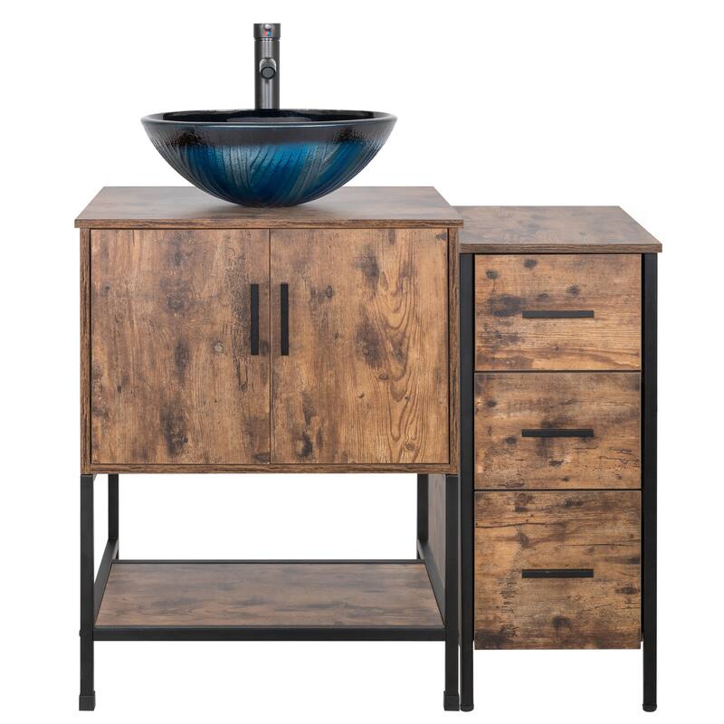 36" Bathroom Vanity Set Organizer Top Vessel Sink W/ Faucet Drain Cabinet Combo