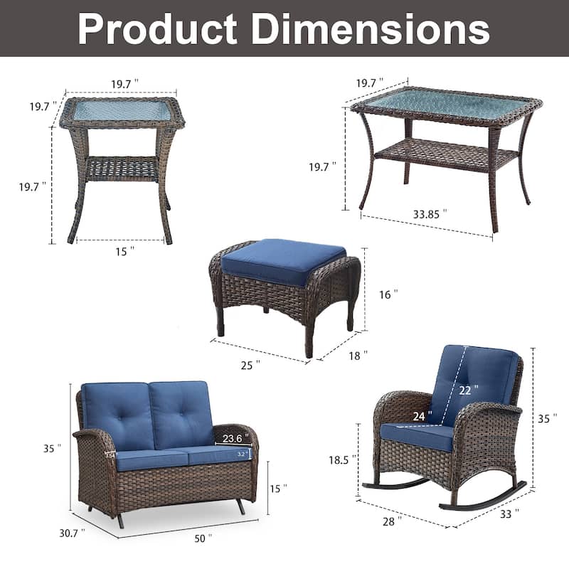 Patio Swivel Patio Chairs with 2 Seater Sofa Table Ottoman - Brown