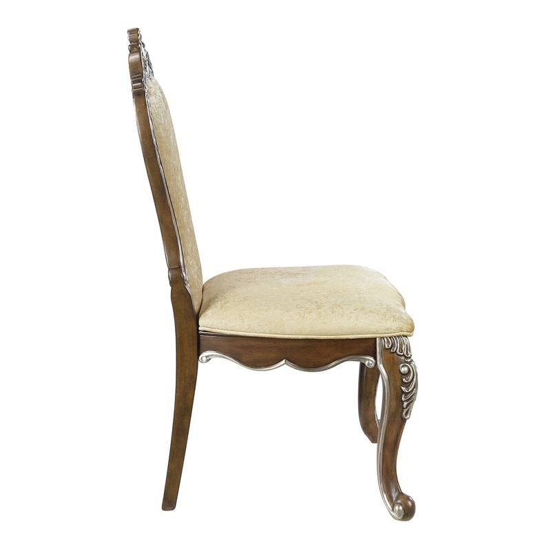 Set of 2 Chenille Padded Dining Side Chair in Antique Oak and Beige