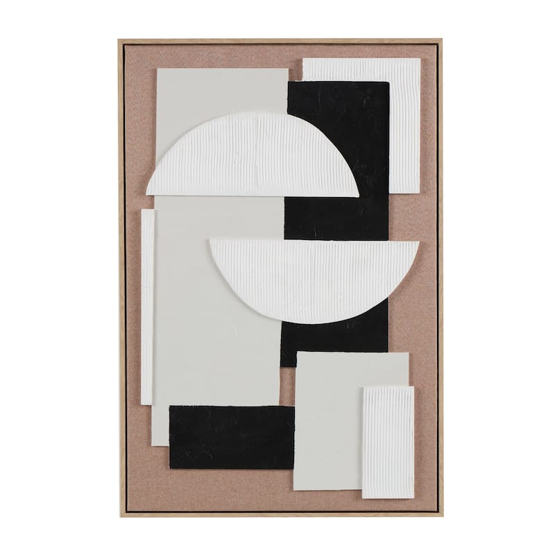 Brown Wooden Textured Geometric Framed Wall Art with Abstract Black and White Shapes and Fabric Backing