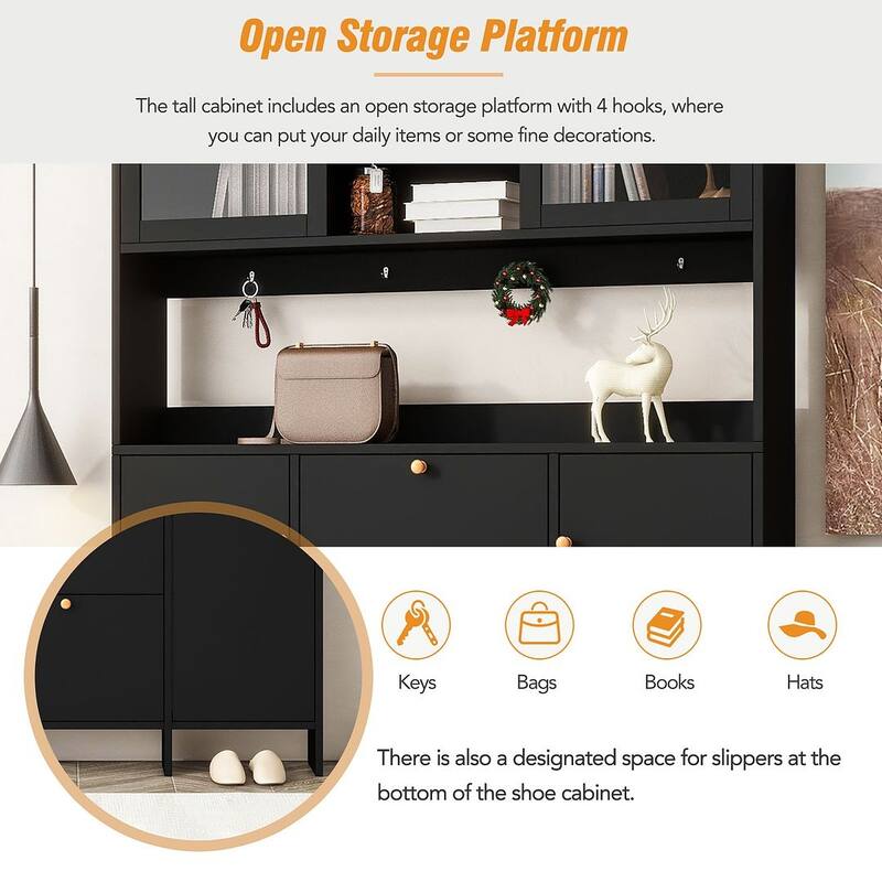 Hall Tree and Shoe Storage Bench with Flip Drawers and Doors
