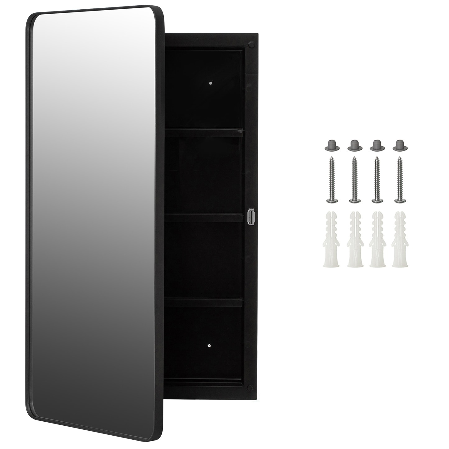 Basicwise Plastic Medicine Cabinet Recessed or Surface Wall Mount Rectangular Design with Rounded Corners and Mirrored Door