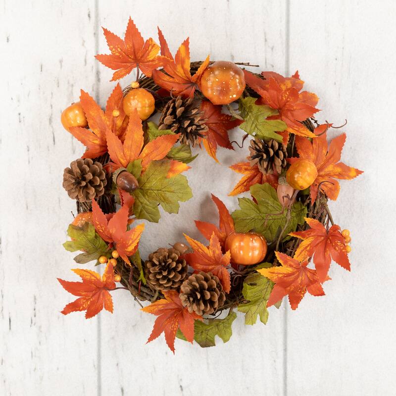 Orange Foliage Pine Cones Pumpkins Autumn Harvest Wreath 10 Inch Unlit