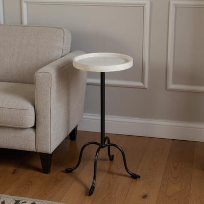 HomeRoots 25" White and Black Marble and Iron Round Pedestal End Table - 10.00 in. x 25.00 in. x 10.00 in.