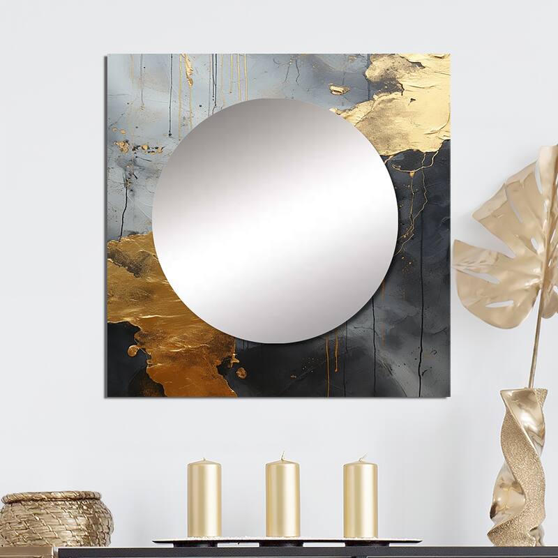 Designart "Minimalism Chrome Gold And Black Poteries I" Abstract Spirals Wall Mirror Abstract Square Mirror For Bathroom