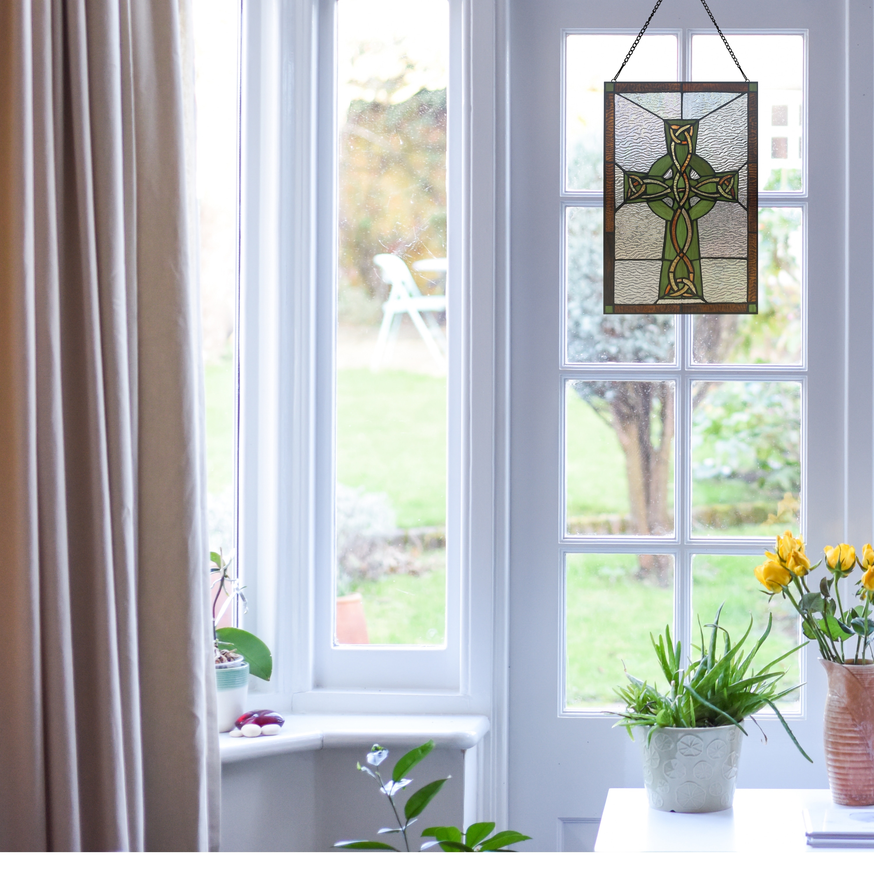 River of Goods Celtic Cross Multicolored Tiffany-Style Stained Glass Suncatcher Window Panel - 12" x 0.25" x 18"