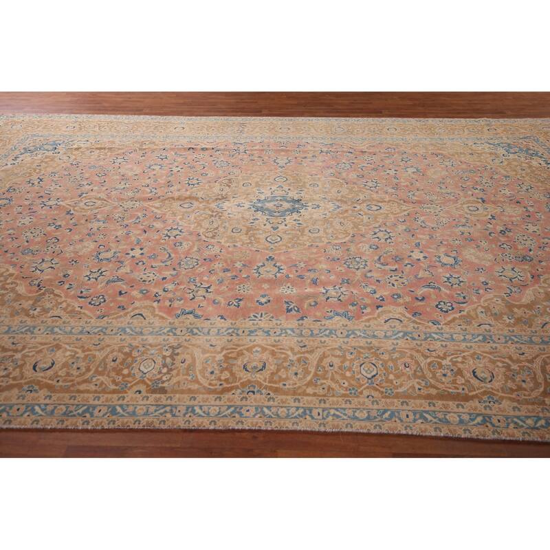 Traditional Kashan Persian Large Vintage Rug Hand-Knotted Wool Carpet - 9'6"x 14'10"