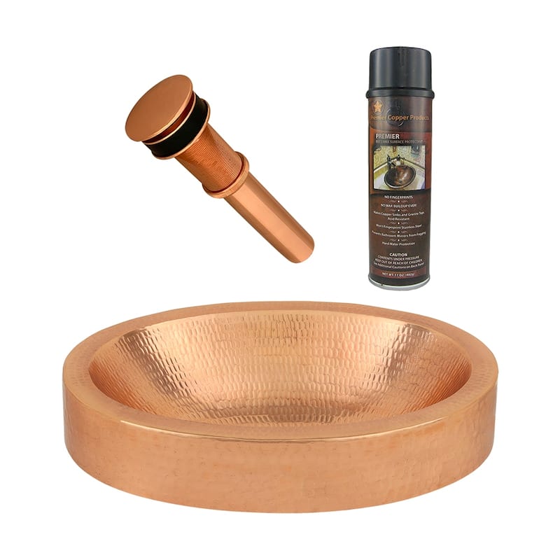 17" Compact Oval Skirted Vessel Hammered Copper Sink in Polished Copper, Matching Drain and Accessories